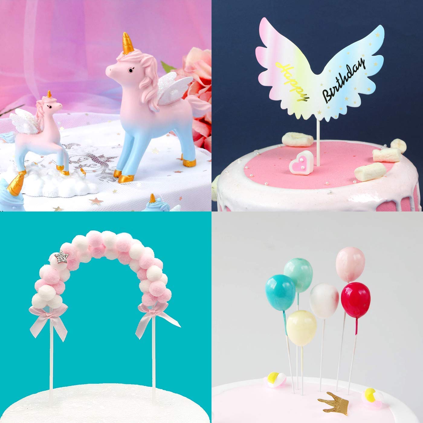 Movinpe Unicorn Cake Topper, Magic Unicorns Sculpture, Pink Hairball Arch, Rainbow, Wings Birthday Banner, Cloud, Balloon, Stars