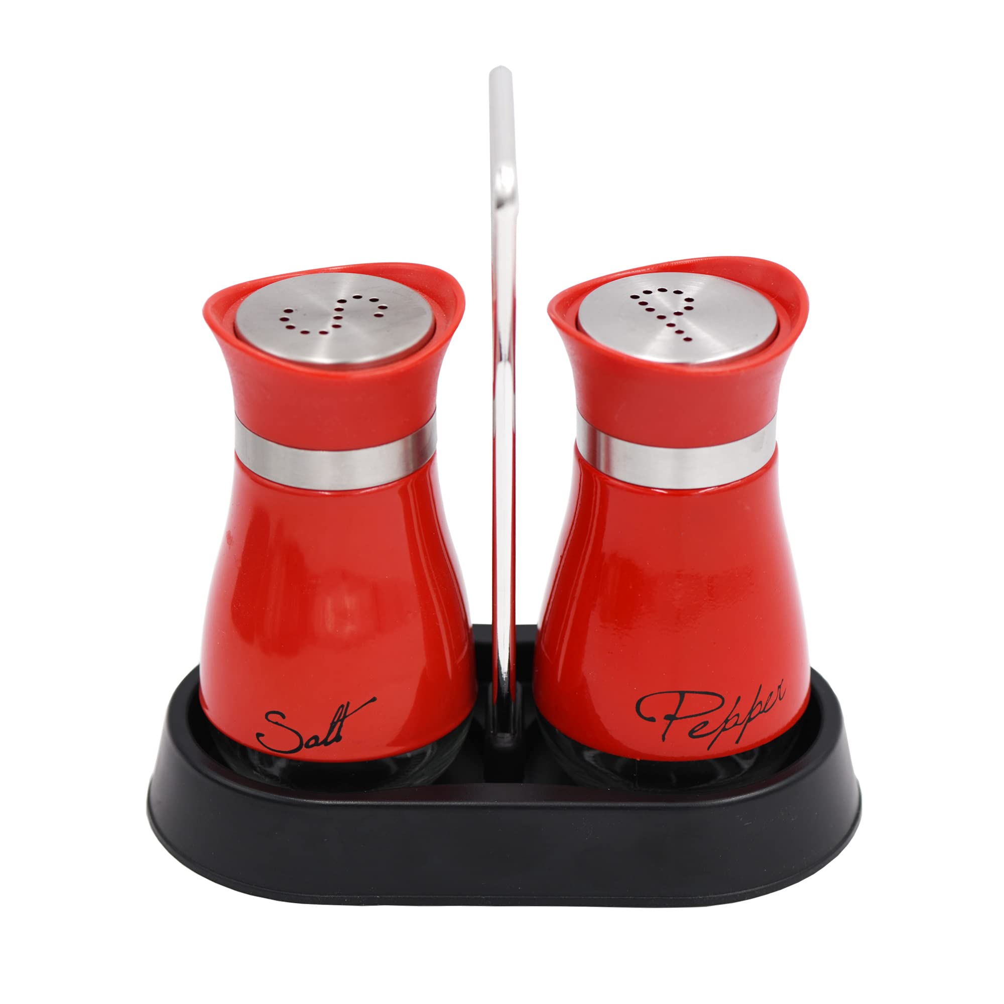 2 PCS - Stainless Steel and Glass Salt and Pepper Shaker Sets with Holder (RED)