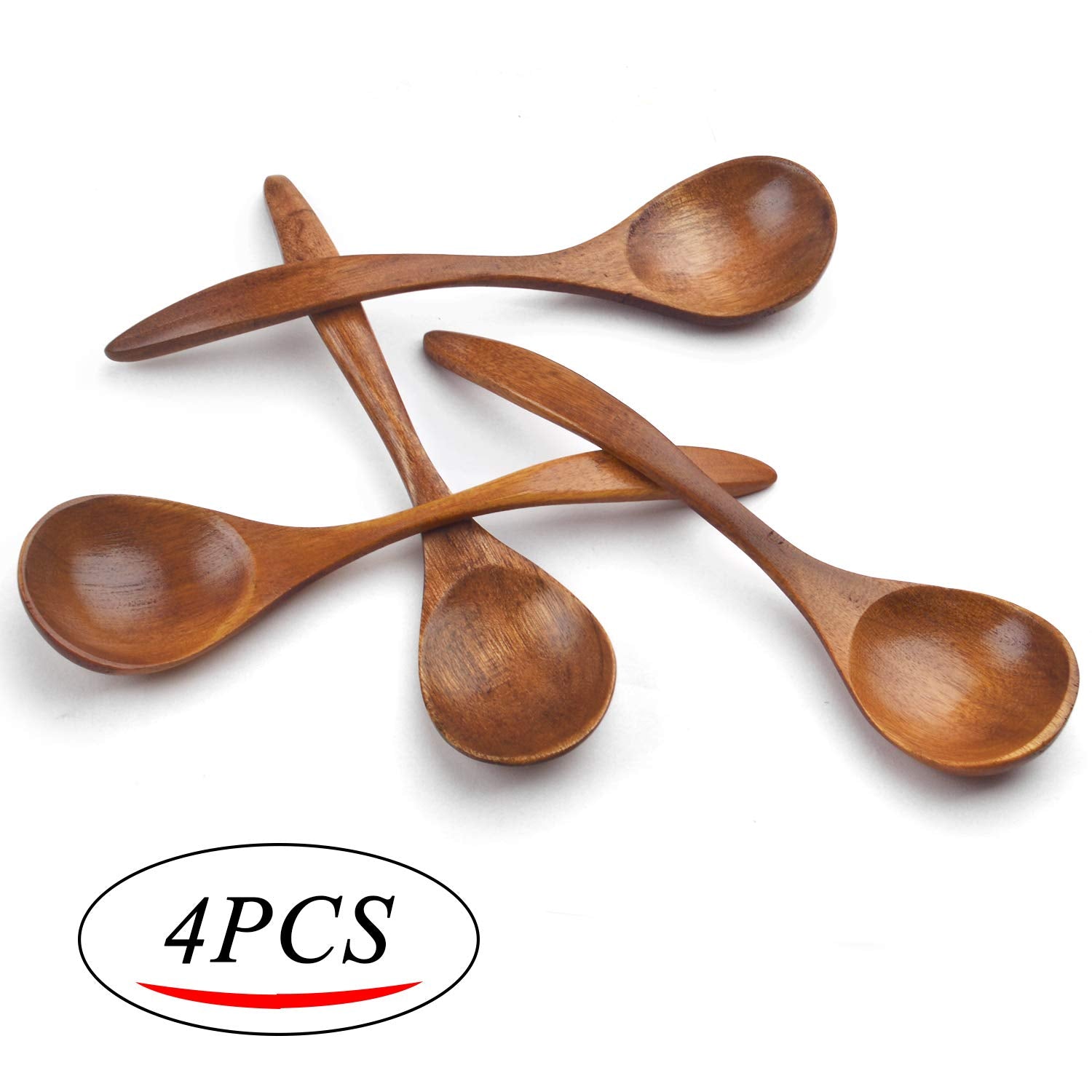 Natural Wooden Spoons, 4Pcs Wooden Eating Spoon Soup Spoons Teaspoon Serving Spoons For Coffee Tea Jam Salts - 7.3 Inches