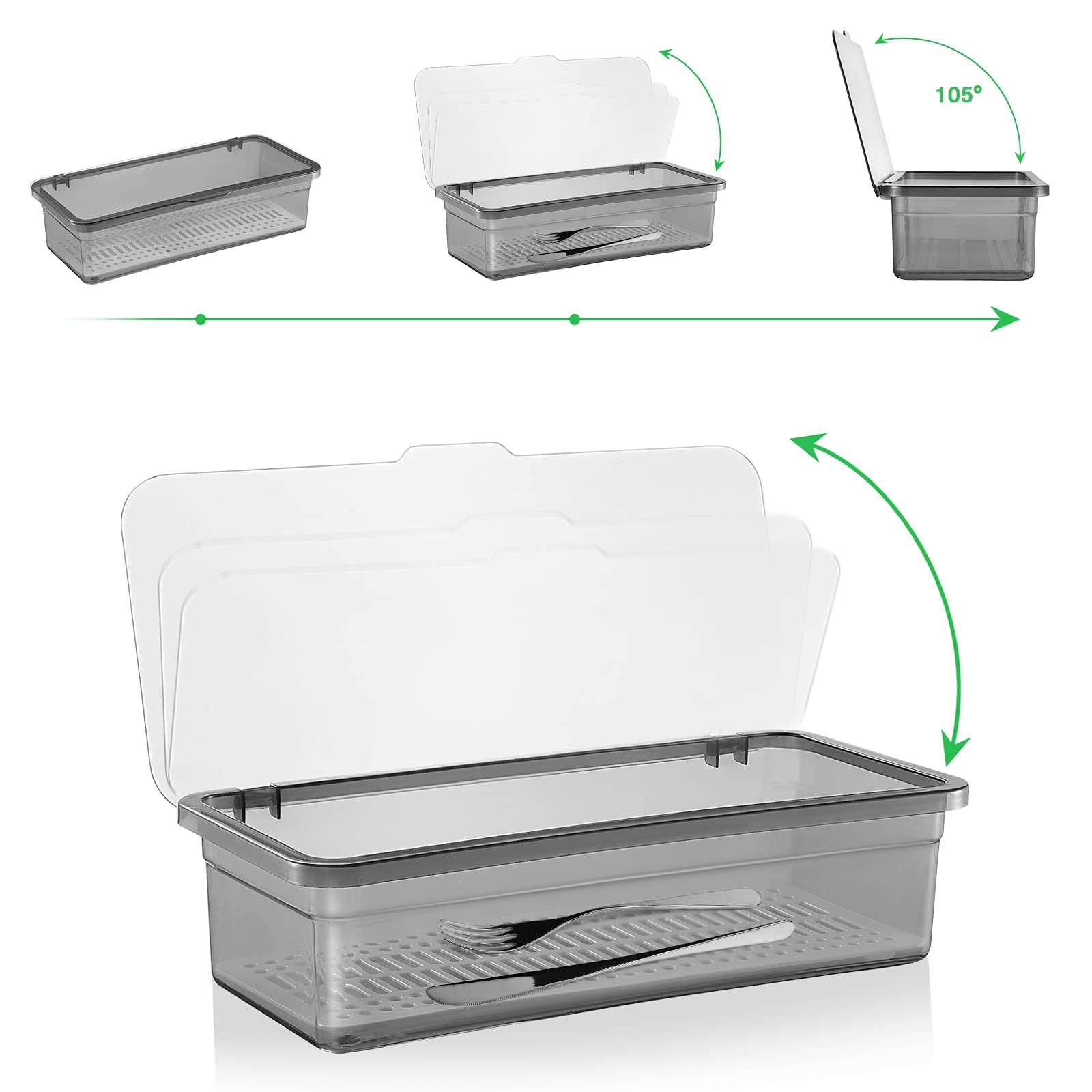 Topbathy Flatware Plastic Tray With Lid Kitchen Cutlery And Utensil Drawer Organizer Silverware Countertop Storage Container (Bl
