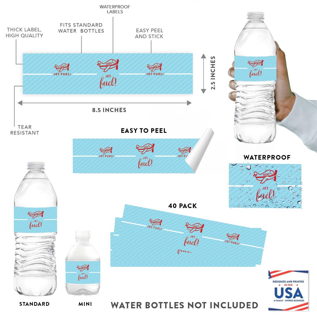 Andaz Press Birthday Water Bottle Labels Stickers, Airplane, 20-Pack, For Decor Decorations Dessert Table Wraps
