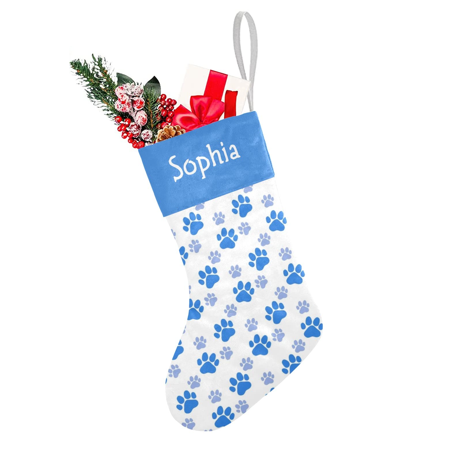 Personalized Name Dog Paw Print Blue Christmas Stockings Text Custom Xmas Holiday Pup Dog Gift Decor 17.52 x 7.87 Inch