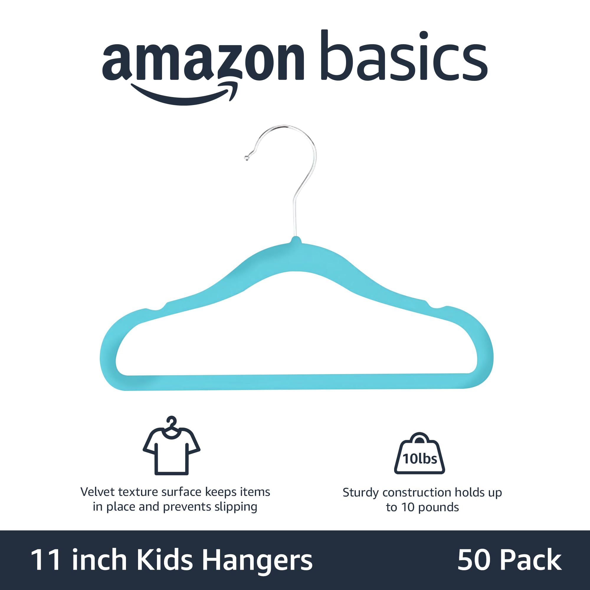 Amazon Basics Kids Velvet, Non-Slip Clothes Hangers For Infant And Toddler, 11.6 Inches (For Baby Clothes), Pack Of 50, Blue