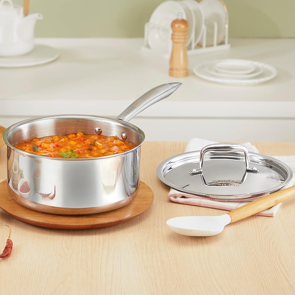 Borosil Cookfresh Triply Stainless Steel Straight Shape Sauce Pan With Lid | Ss304 Food Grade Steel, Dishwasher Safe | Compatibl