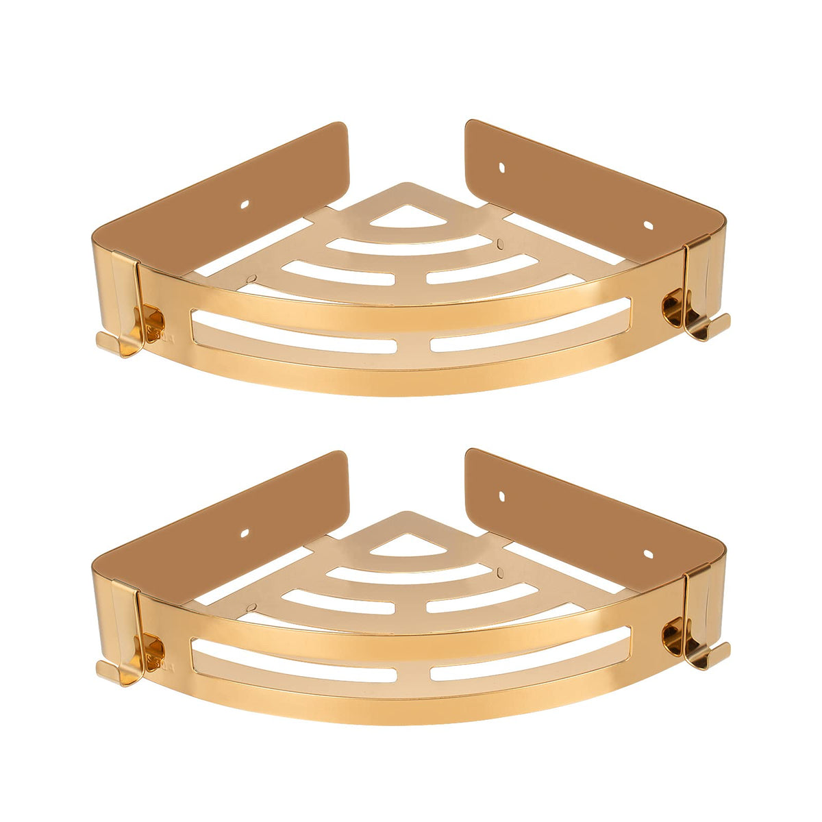 Nearmoon Bathroom Corner Shelf Shower Caddy 2 Pack, No Drill, 304 Stainless Steel, With Two Hooks (Chrome Gold)