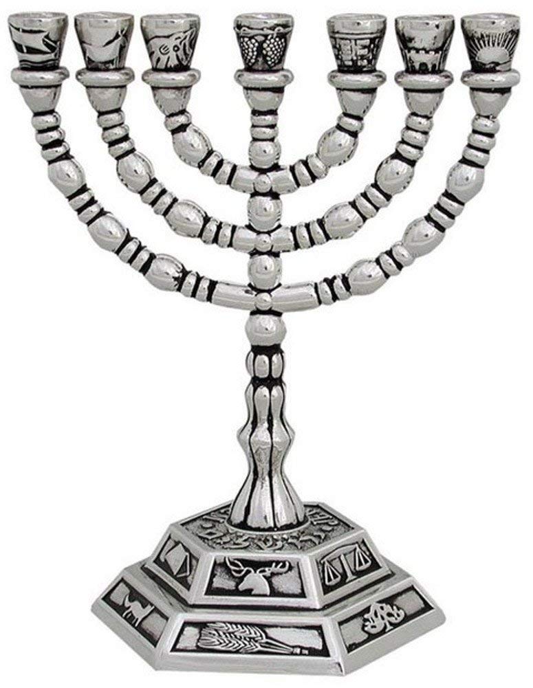 Holy Land Market Jewish Candle Sticks Menorah - 7 Branches - 12 Tribes of Israel Menorah (Silver, 5 Inches)