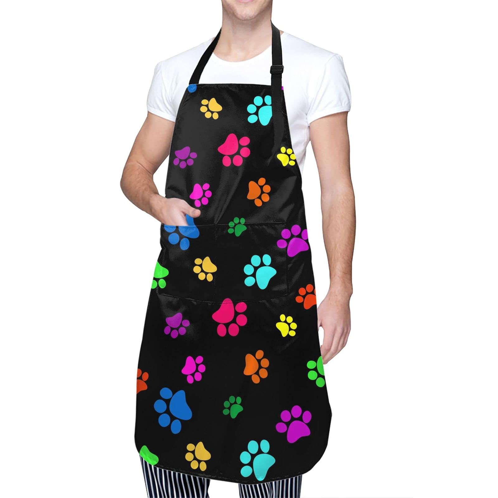 Perinsto Colorful Dogs Paws Waterproof Apron With 2 Pockets Cute Pet Animal Paw Kitchen Chef Aprons Bibs For Grooming Cooking Ba