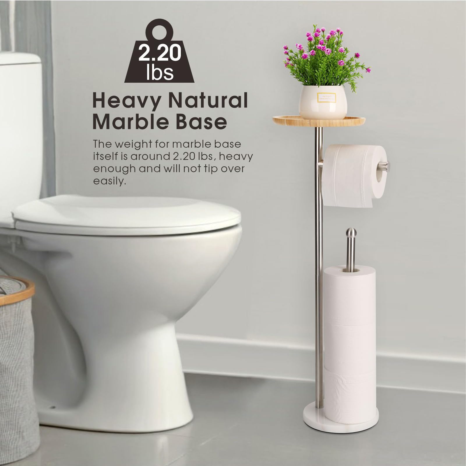 Toilet Paper Holder Stand With 7.9'' Big Bamboo Tray, 2.2Lbs Heavier Marble Base, Floor Standing Paper Holder Stand With Phone S
