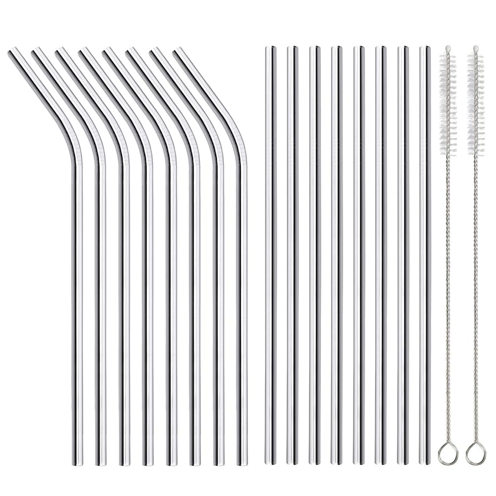Annvchi 16 Pack Of Reusable Stainless Steel Metal Straws, 8 Straight + 8 Bent 8.5 Inch Metal Straws With 2 Cleaning Brushes, Str