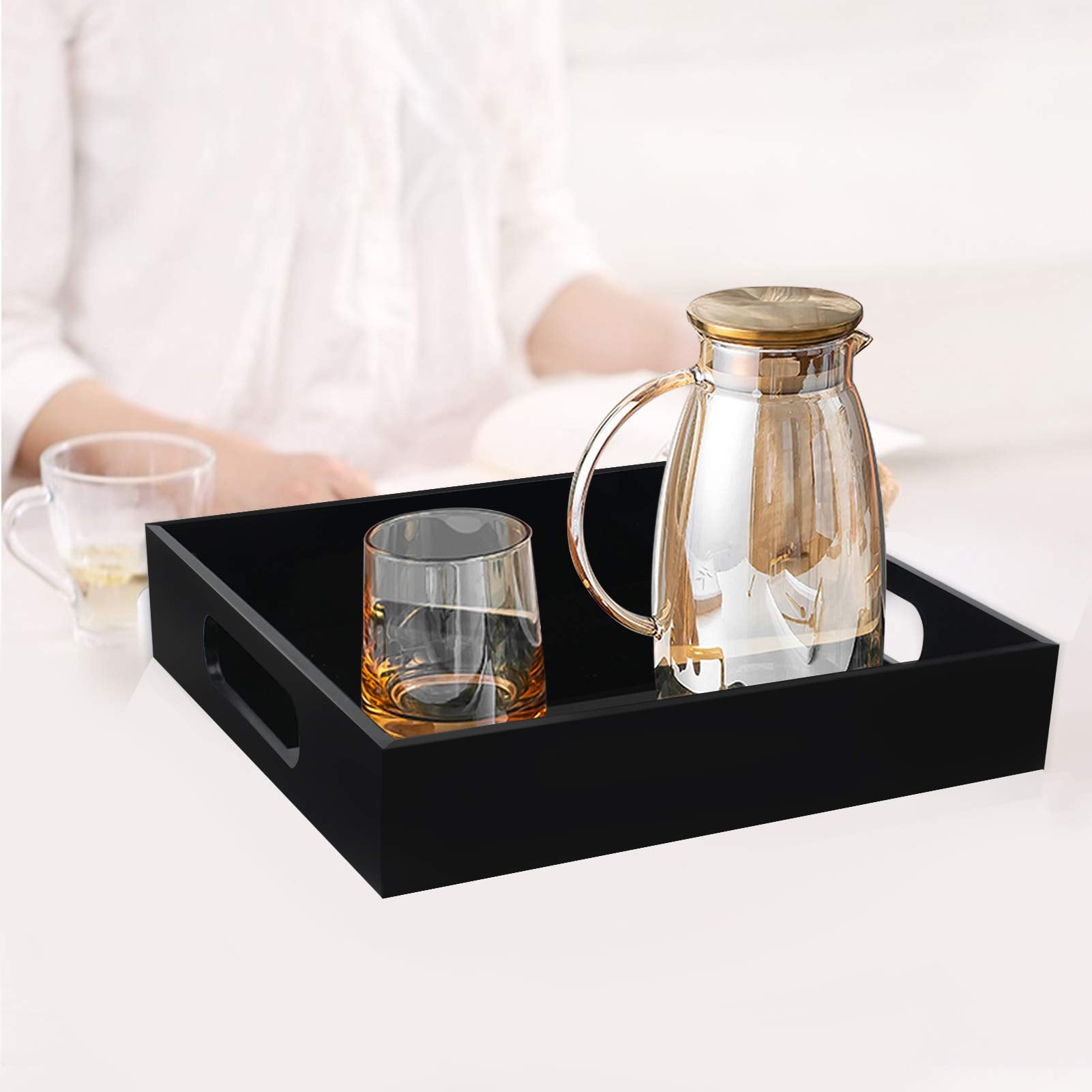 Tasybox Acrylic Serving Tray, Black Decorative Serving Trays With Handles For Kitchen Dining Room Table Ottoman Vanity Counterto