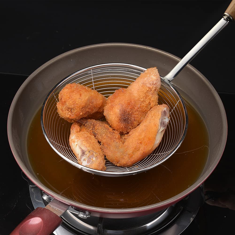 Spider Strainer, Cooking Spider,7.9-Inch Extra Large Spider Spoon With Wood Handle, Stainless Steel Spider Cooking Utensil For C