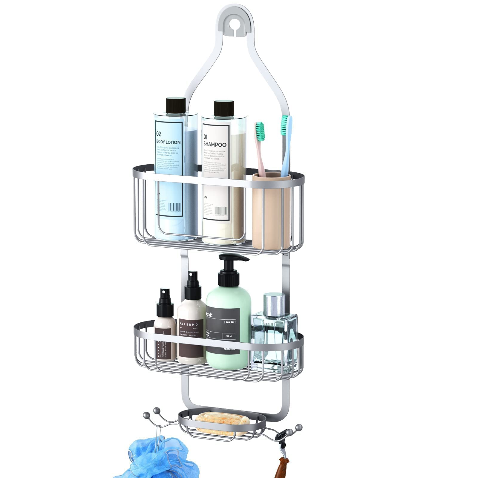 Kadolina Bathroom Hanging Shower Organizer, Over Head Shower Caddy Shower Storage Rack Basket With Hooks For Razor And Sponge Ru