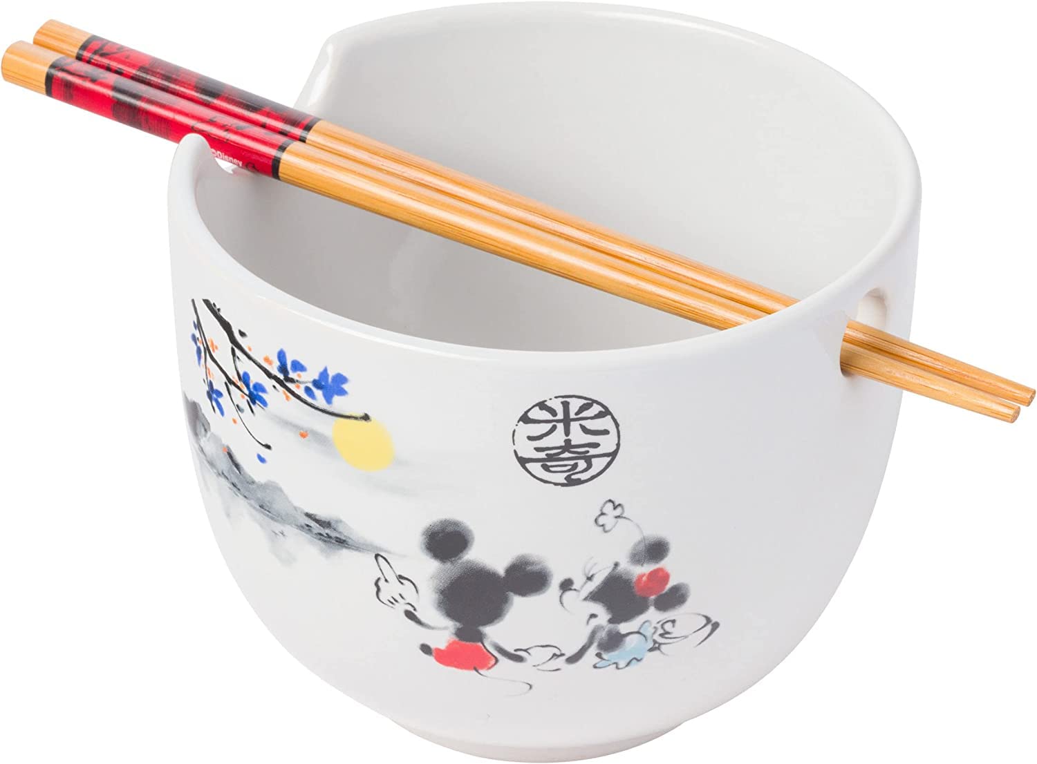 Silver Buffalo Disney Mickey And Minnie Watercolor Watching The Sunset Ceramic Ramen Noodle Rice Bowl With Chopsticks, Microwave