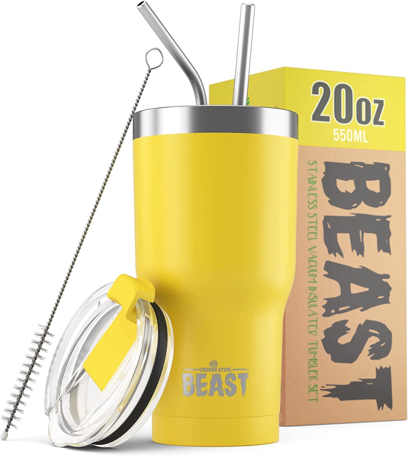 Beast 20 Oz Tumbler Stainless Steel Vacuum Insulated Coffee Ice Cup Double Wall Travel Flask (Lemon)