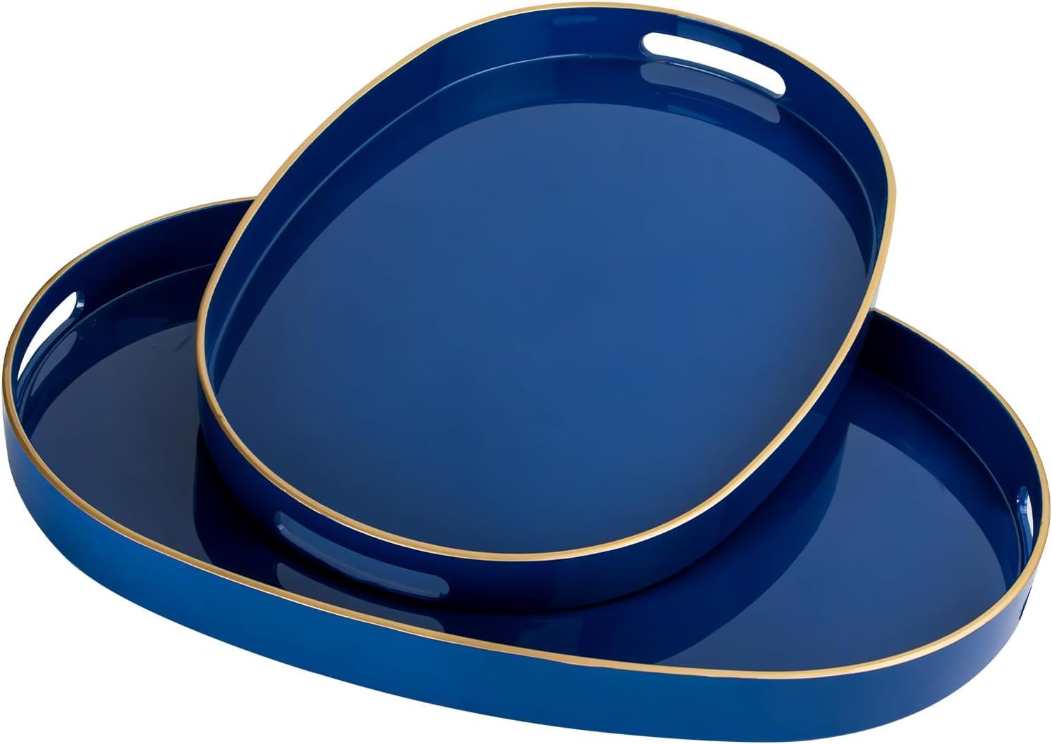MAONAME Blue Serving Trays with Handles, Oval Decorative Tray for Coffee Table, Nesting Trays Set of 2, Plastic Vanity Tray for 