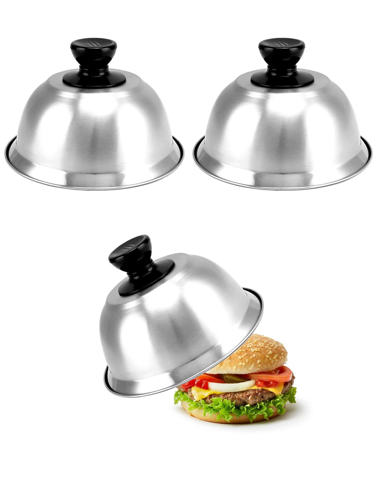 QWORK 6 Burger Covers Small Cheese Melting Dome, 3 Pack Stainless Steel Food Cover for Burger, Steak