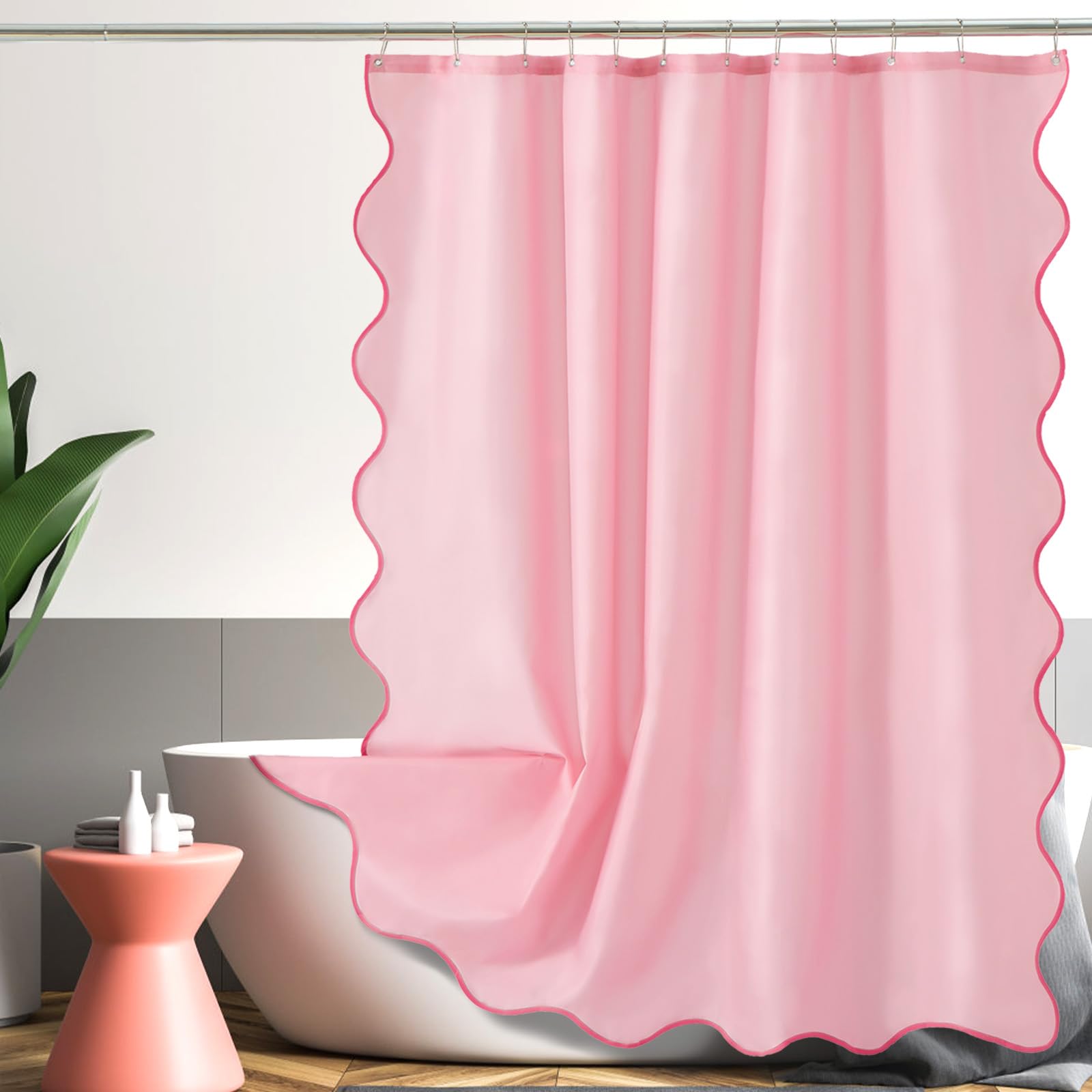 Ortigia Pink Cute Scalloped Shower Curtain 72 W X 84 H Inch, Cute Boho Preppy Shower Curtains Aesthetic Waterproof Fabric Shabby