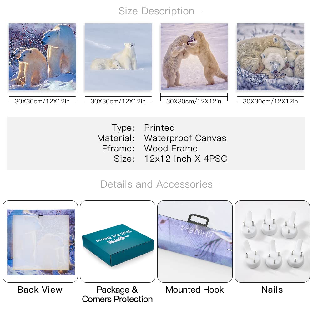 Otostar 4 Pieces Wall Art Canvas Prints - Polar Bear Family Picture Painting - Modern Wall Artwork Framed For Gifts Bathroom Hom