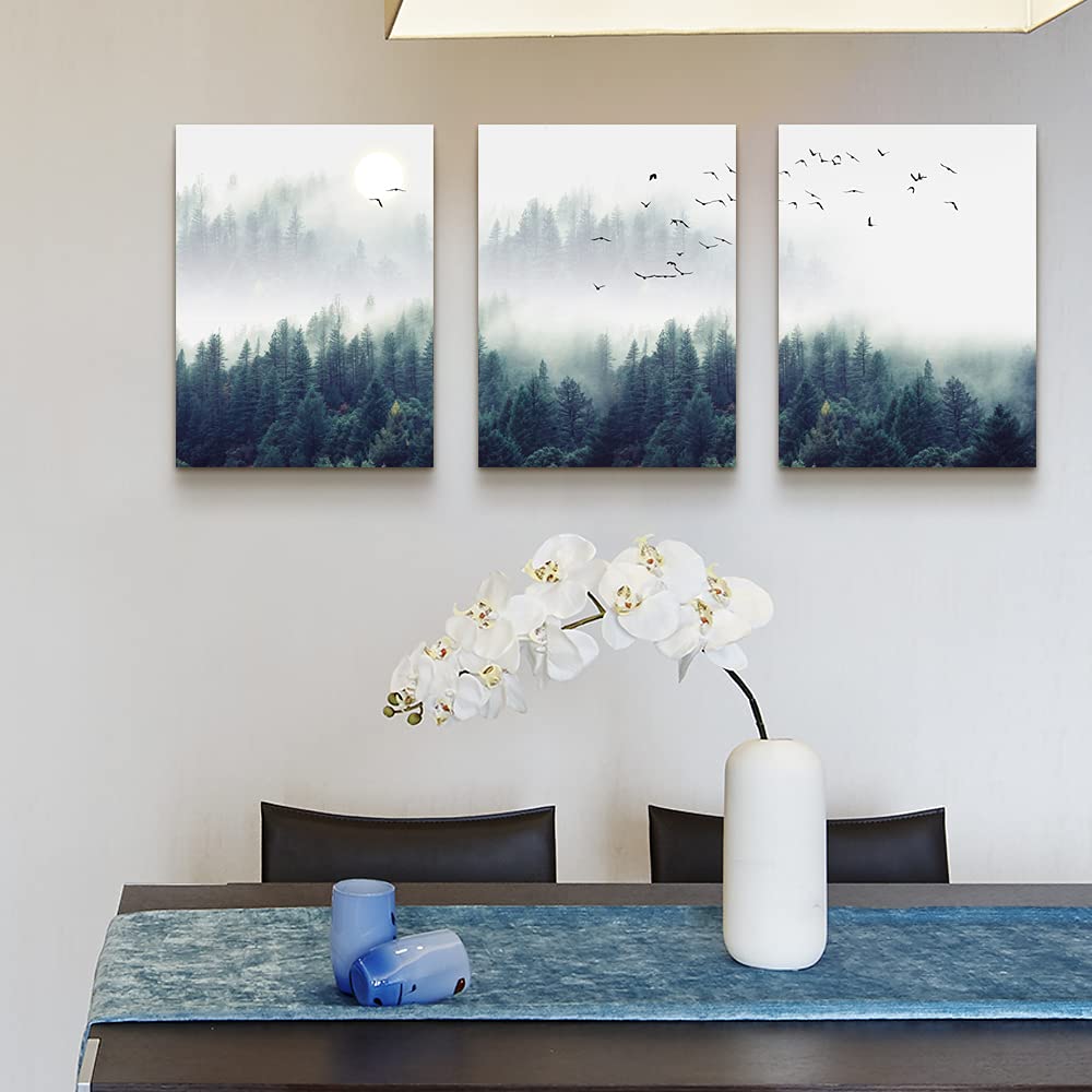 3 Piece Canvas Wall Art for Living Room Wall Decorations for Bedroom Office Wall decor Foggy forest Trees Landscape painting Stretched and Framed Ready to Hang pictures Home Decor 12''x16''x3 Panels
