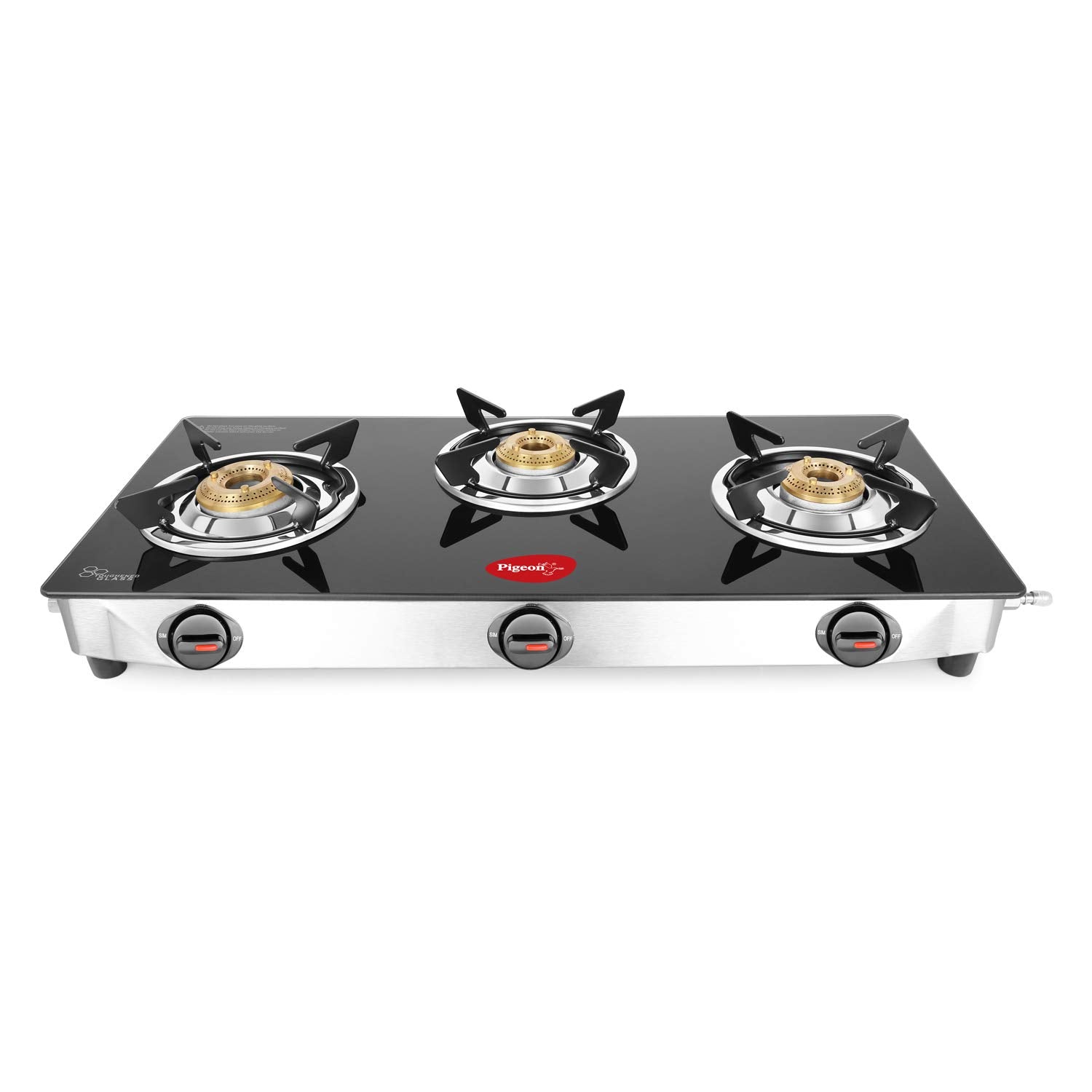 Pigeon Ayush 3 Burner High Powered Brass Open Gas Stove Cooktop With Glass Top And Stainless Steel Body (Black, Standard)