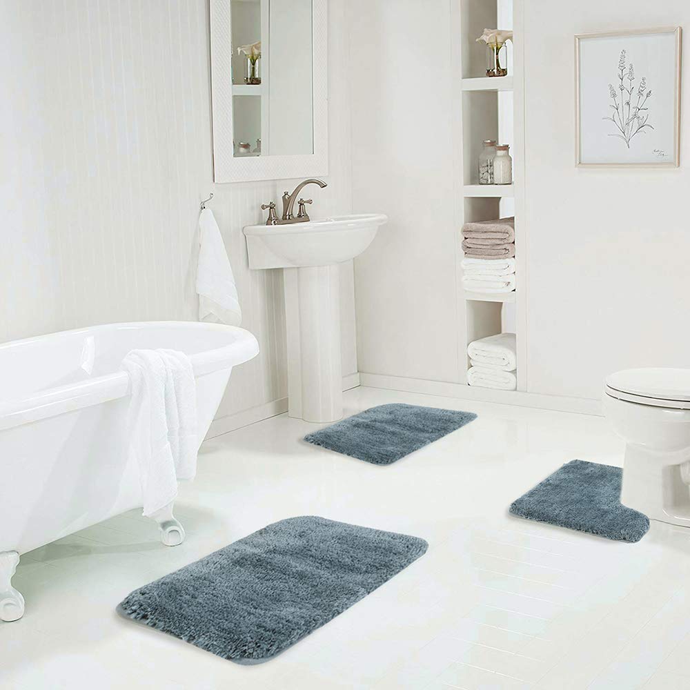 Walensee Shaggy 2 Piece Bath Rug Set (Slate) 20 X 24 U Shape Contour Rug & 20 X 32 Bathroom Rug Machine Wash/Dry Bath Mats For B