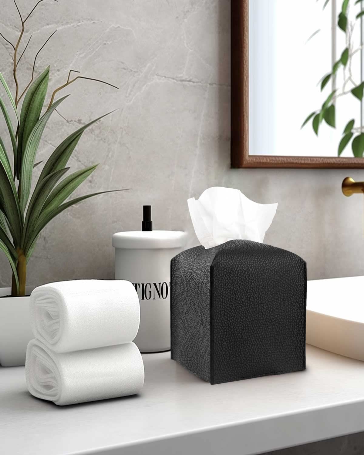 Leather Tissue Box Cover Square - Tissue Holder With Bottom Belt [Jesmini, Black] Aesthetic Pu Leather Tissue Box Holder Decorat