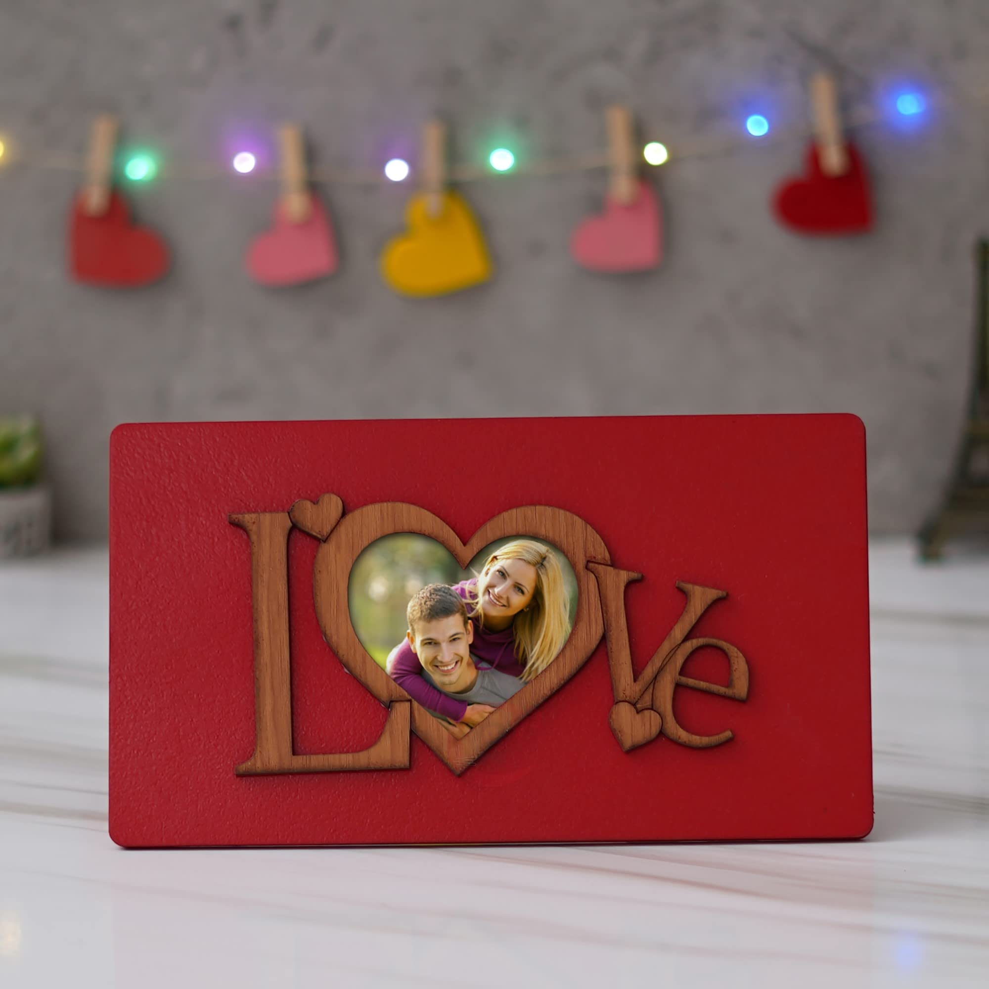 Ecraftindia Love Valentine Wooden Photo Frame With Red Stand - Valentine Gift For Girlfriend Boyfriend Husband Wife - Valentine 