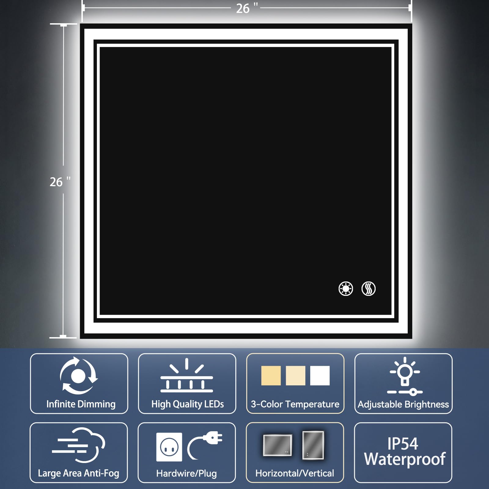 26 X 26    Led Mirror For Bathroom Front And Backlit Anti-Fog Dimmable 3 Colors Led Bathroom Mirror With Lights Memory Function