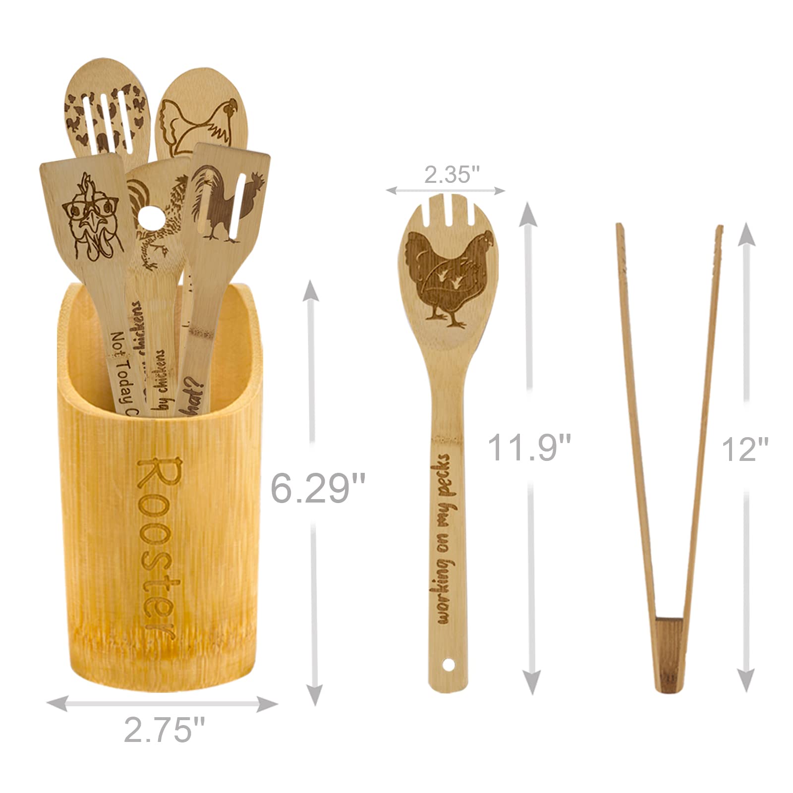 8Pcs Rooster Wooden Cooking Spoons With Holder,Rooster Kitchen Decor,Chicken Decor,Farmhouse Kitchen Decor,Chicken Gifts,Rooster