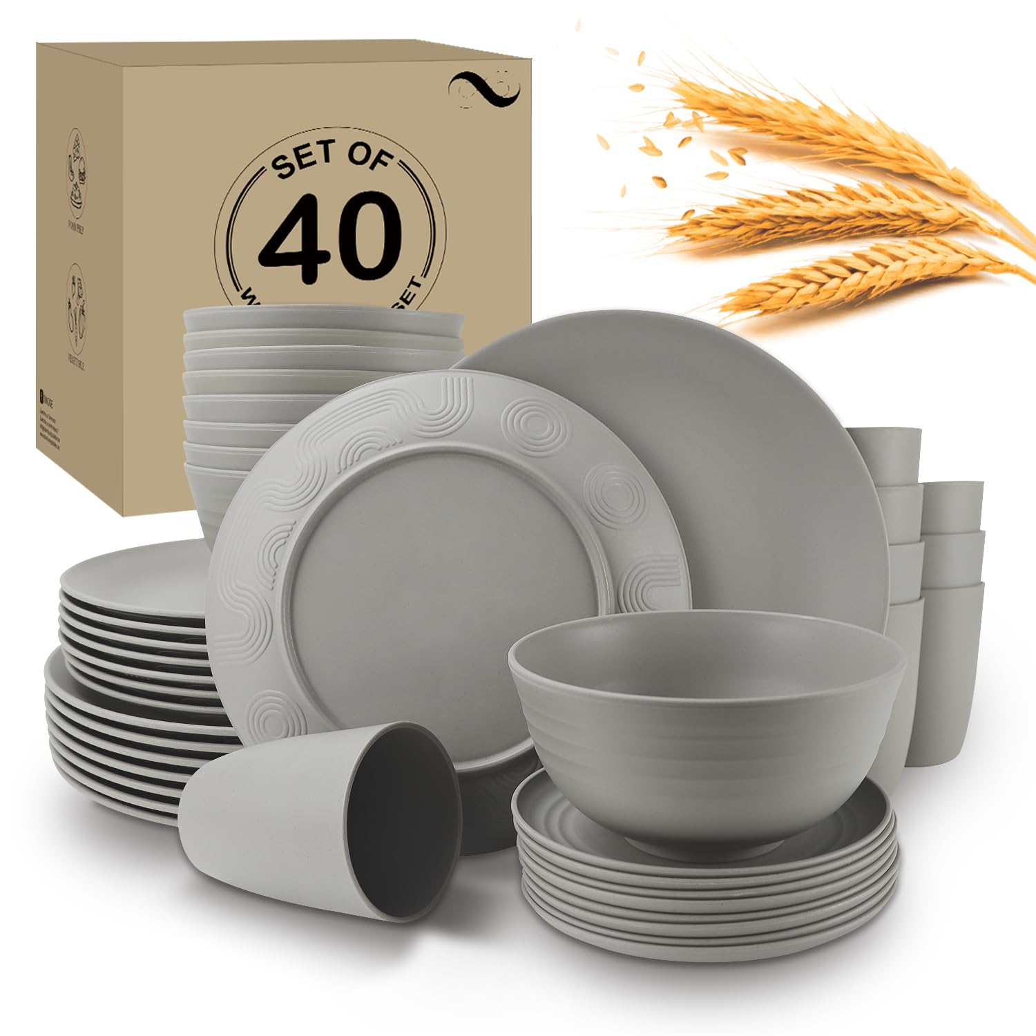 Wrova 40Pack plates and bowls sets for kitchen - Unbreakable wheat straw dinnerware sets service for 8 - Alternative plastic 40p