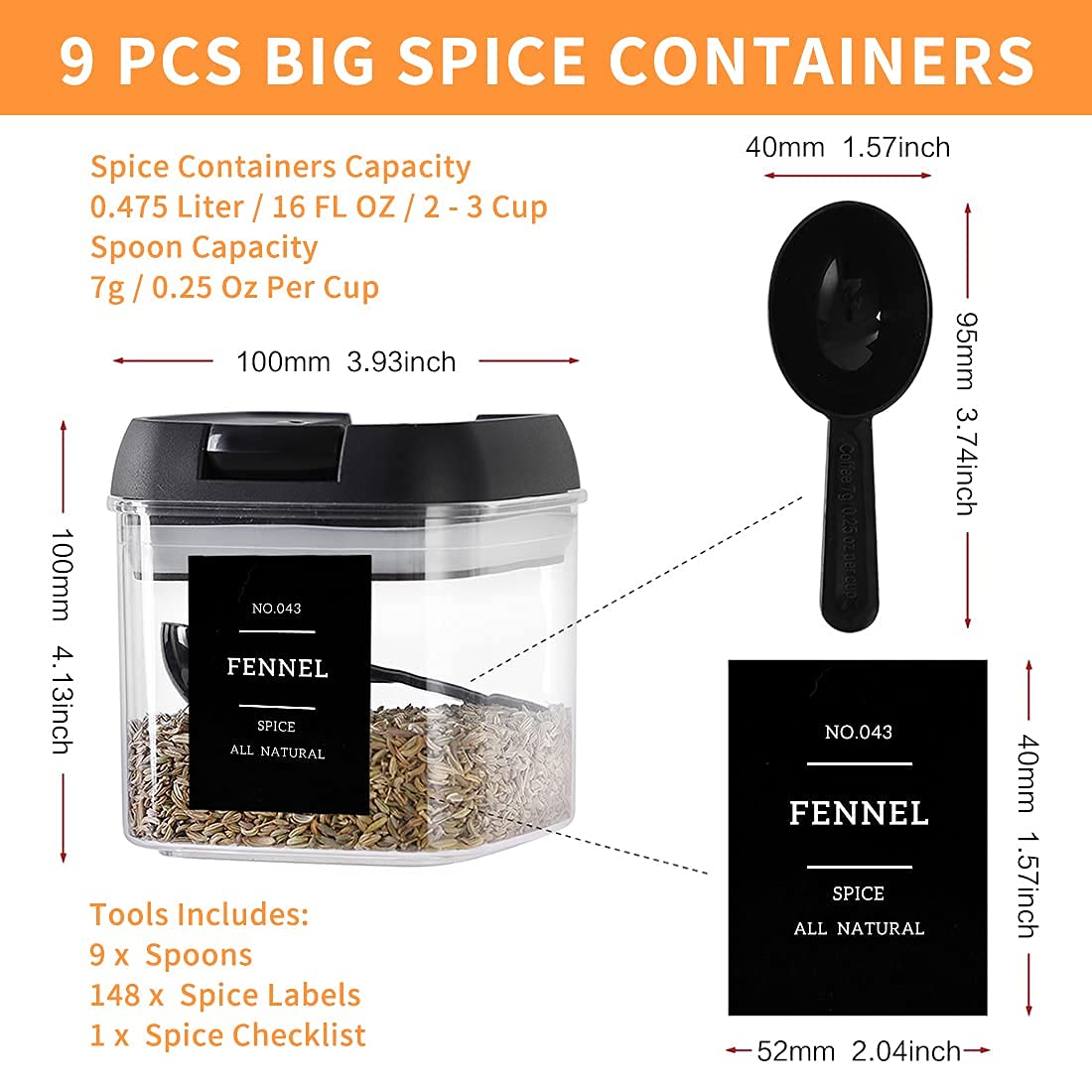 Spice Containers With Labels 9 Pcs Large Plastic Tea Storage Containers With 148 Spice Labels And 9 Spoons Square Airtight Food