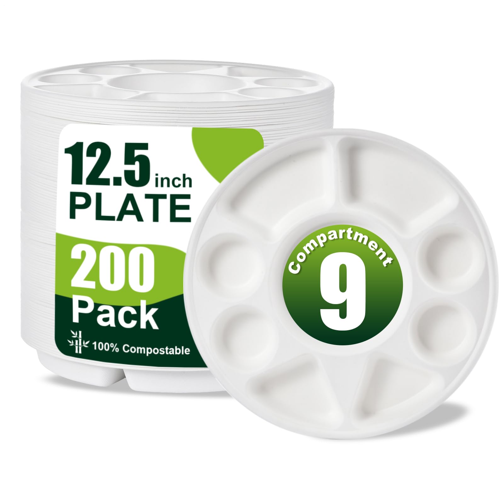 200 Pack 9 Compartment Round Biodegradables Divided Plates,12.5 Diameter 1.18 Height,Disposables & Eco-Friendly Heavy-Duty Sturd