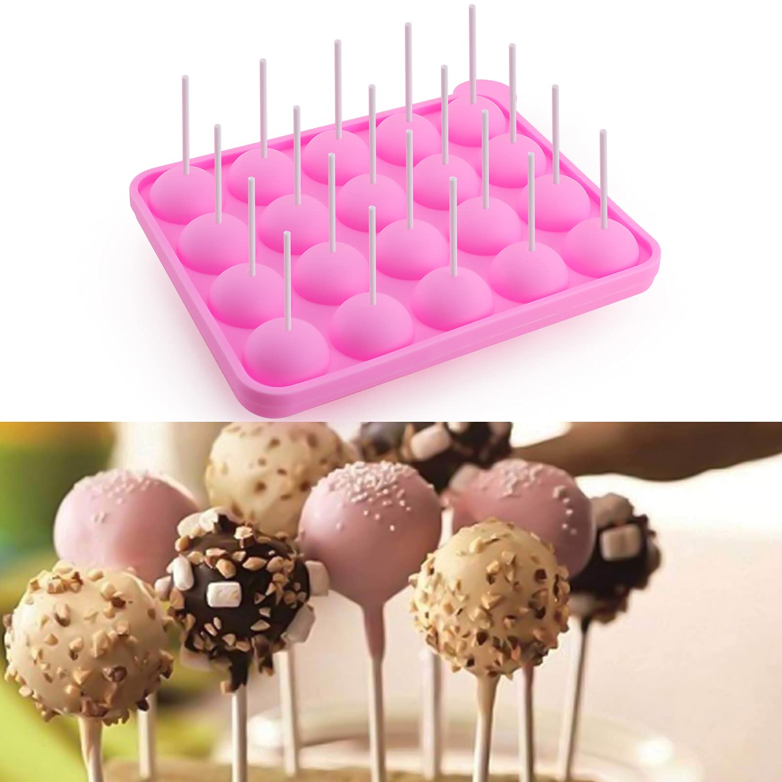 Difenlun Silicone Cake Pop Mold, 2 Pack 20 Cavity Lollipop Party Cupcake Baking Mold Tray With 20 Sticks