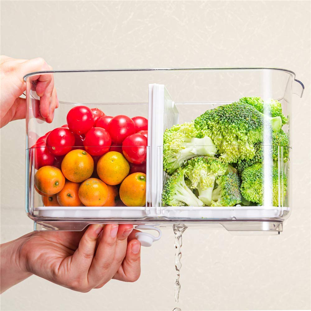 Slideep 9'' Food Storage Containers, 2 Tier Stackable Fridge Produce Saver With Lids, Removable Drain Tray Drawers Refrigerator