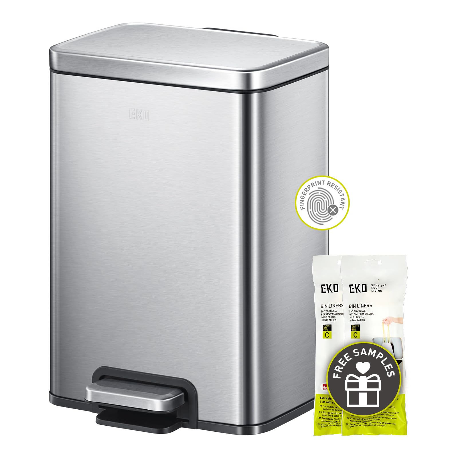 Eko Madison 12L / 3.2 Gal Bathroom Trash Can With Lid And Removable Inner Basket, Rectangular Small Step Trash Can, Brushed Stai