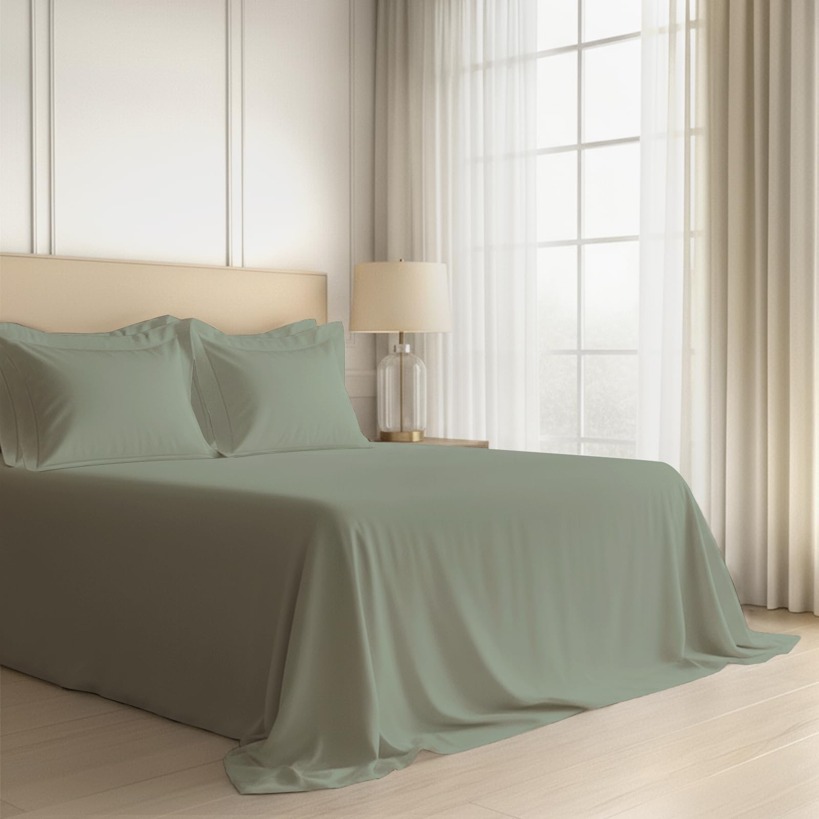 Pizuna 100% Cotton Bedsheet Super King Size Sea Foam, 400 Thread Count Long Staple Combed Cotton Flat Bedsheets 108X108 Inches W