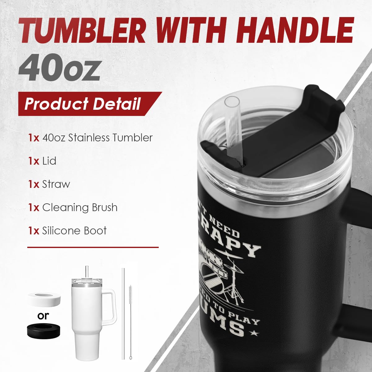 SANDJEST Drummer Gifts for Men, 40oz Stainless Steel Insulated Coffee Tumbler with Lid & Straw, Travel Mug Cup Gift for Drummers