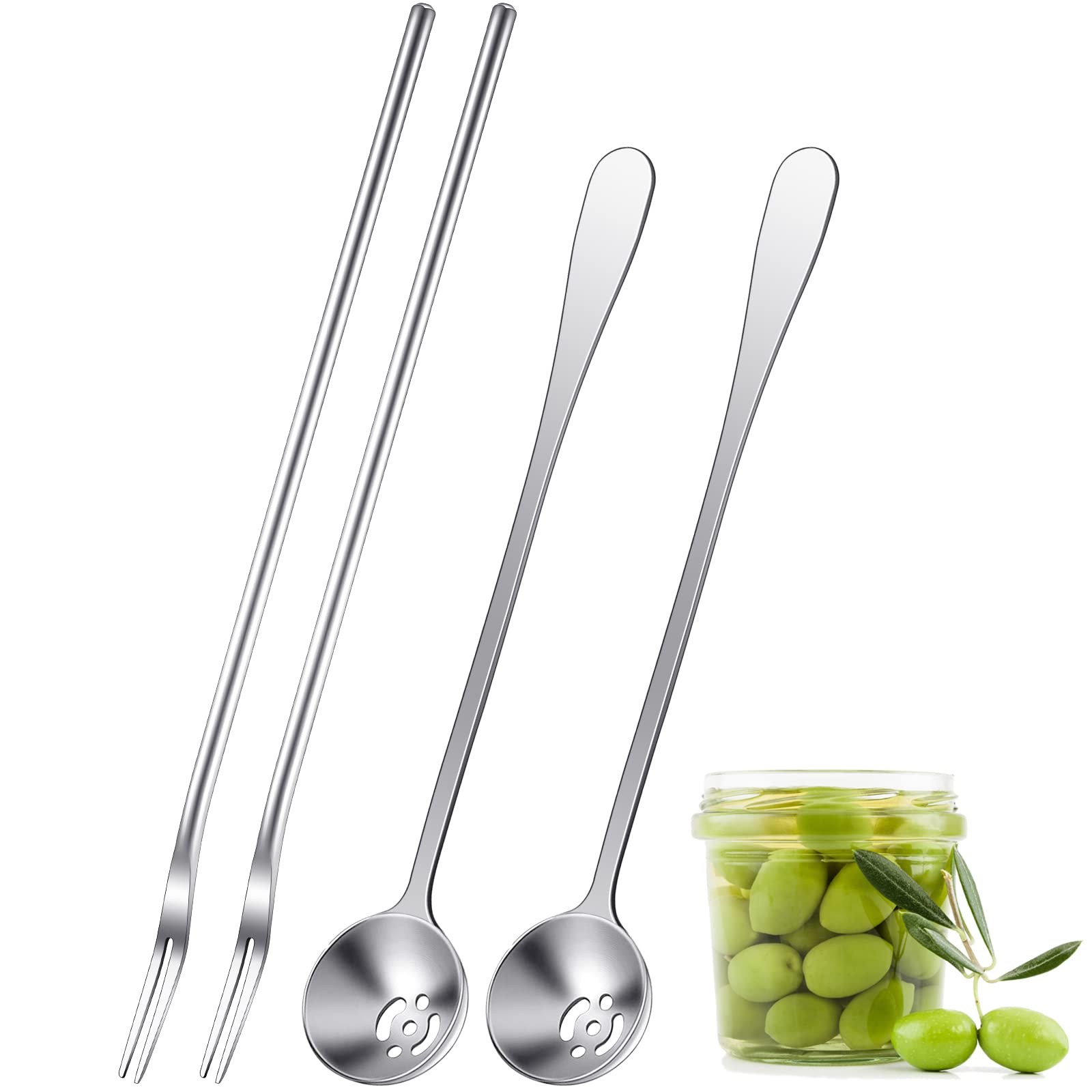 Didaey 4 Pcs Pickle Fork And Olive Spoon Strainer Set Stainless Steel Long Handle Pick Jar Serving Spoon With Drain Hole Spoon P