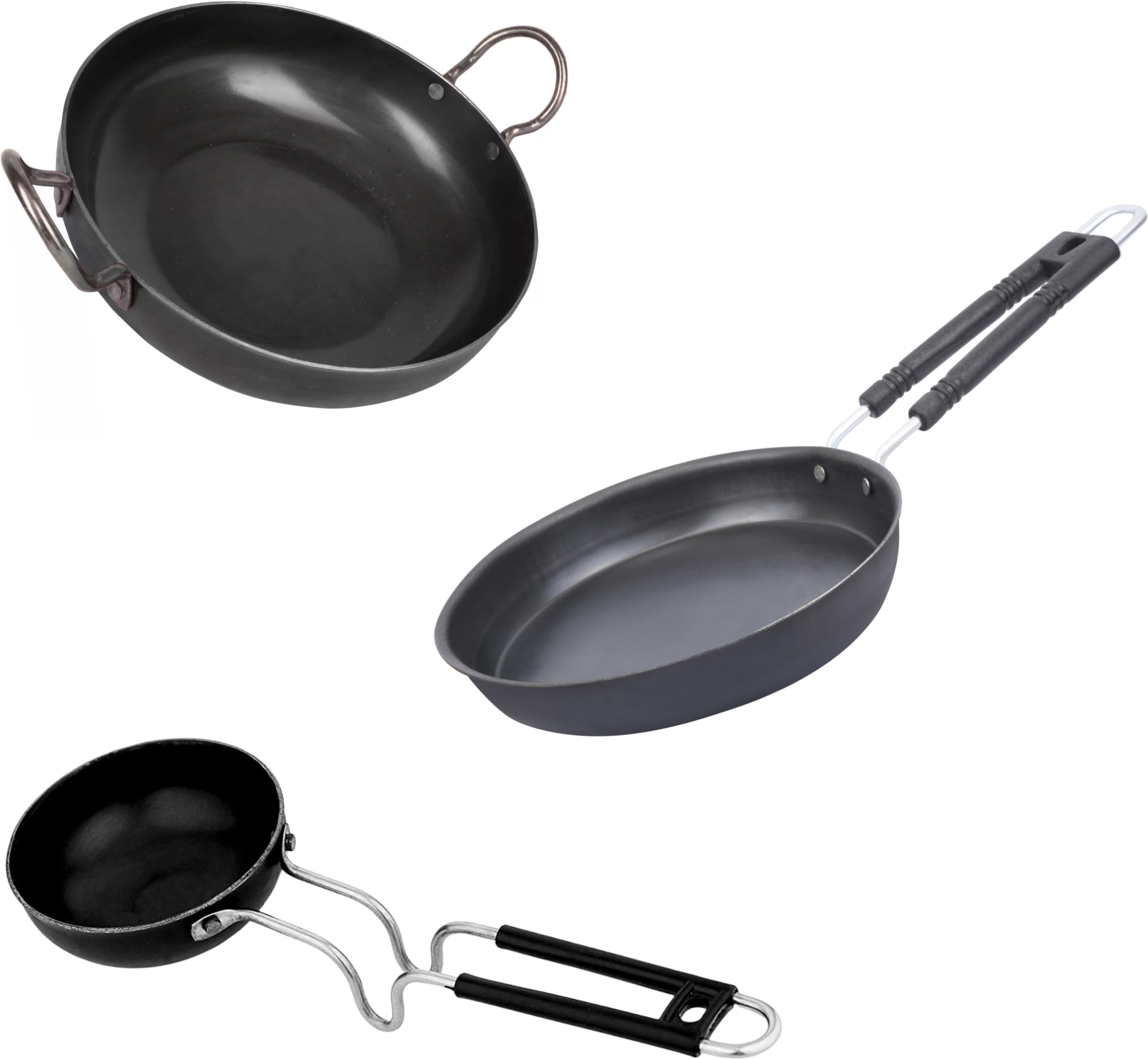 Natural Iron Kadhai, Fry Pan, Tadka Pan Combo  3Piece PreSeasoned Iron, Natural Non Stick  Cookware Set For Kitchen