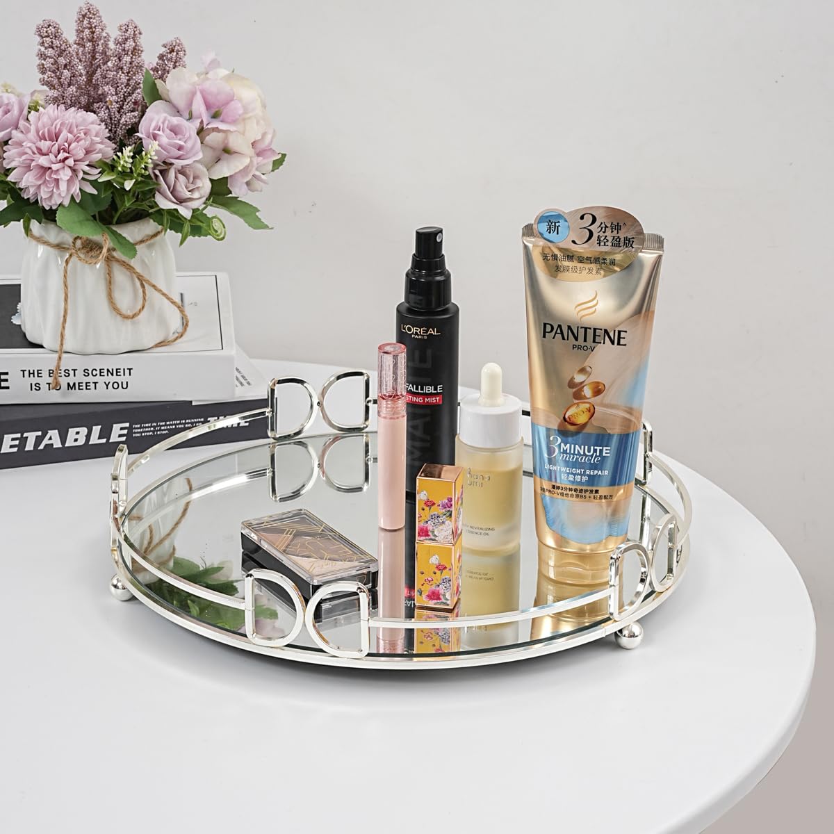 Mirror Vanity Tray Round Metal Makeup Tray Cosmetic Perfume Tray For Dresser Bathroom Bedroom Countertop Organizer Tray (Silver
