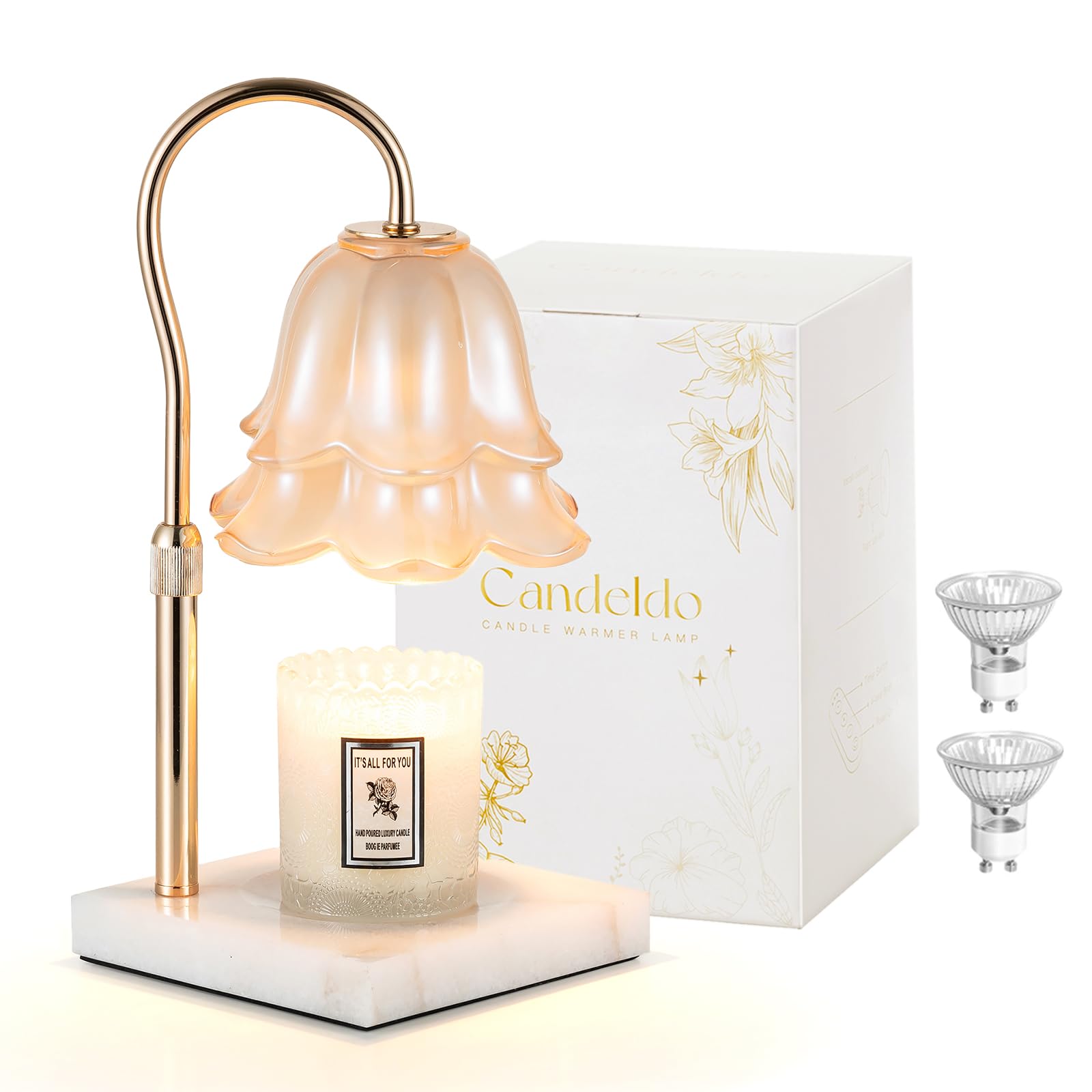 Candeldo Candle Warmer Lamp with Timer: Flower Candle Warming Lamp with Marble Base Height Adjustable Wax Warmer Dimmable Modern