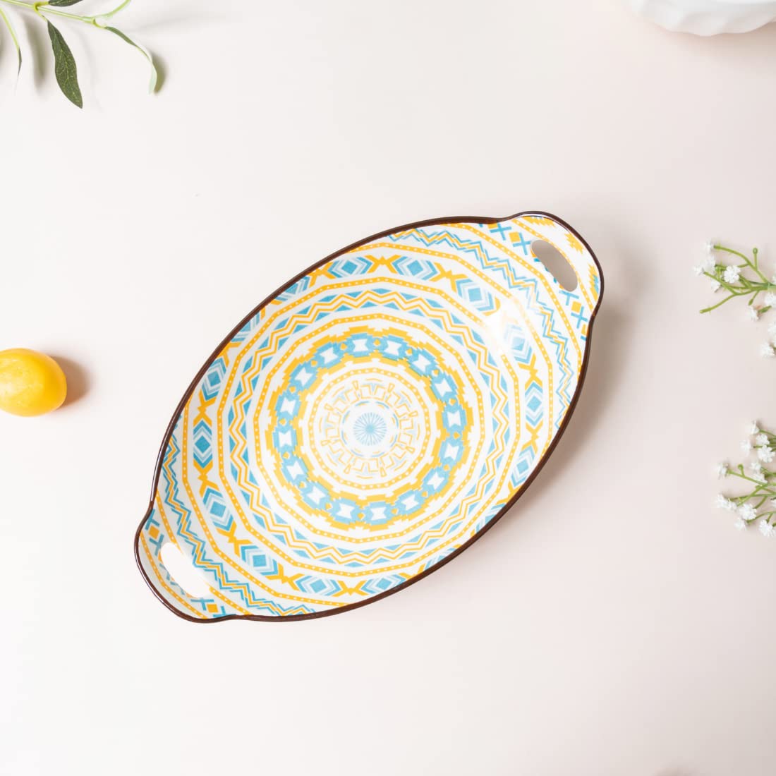 Nestasia Blue & Yellow Mandala Ceramic Long Dish with Handles for Serving Snacks, Appetizers, Salads, and Noodles| Microwave Saf
