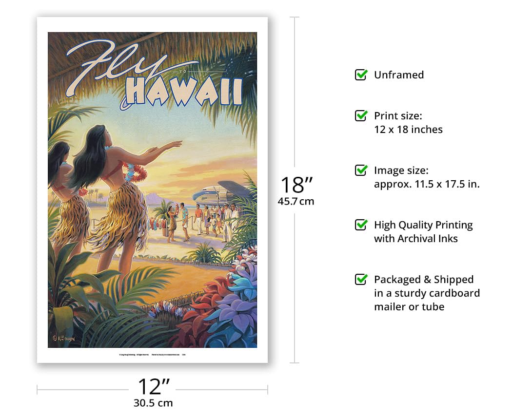 Fly To Hawaii - Hula Dancers - Vintage Hawaiian Travel Poster By Kerne Erickson - Master Art Print (Unframed) 12In X 18In