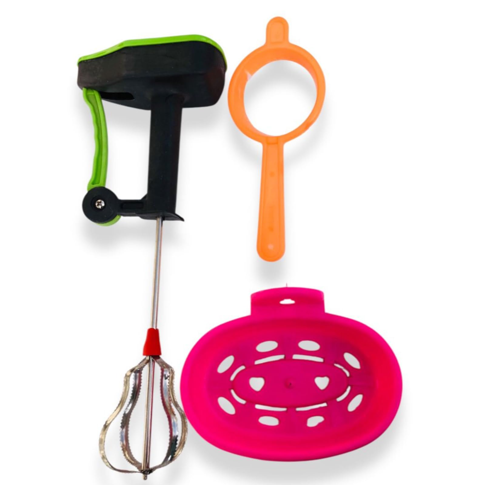 Instook Kitchen Utensil Set, 3 Pieces, Hand Coffee Frother Electric Blender With Green Handle, Orange Chai Channi Strainer, Pink