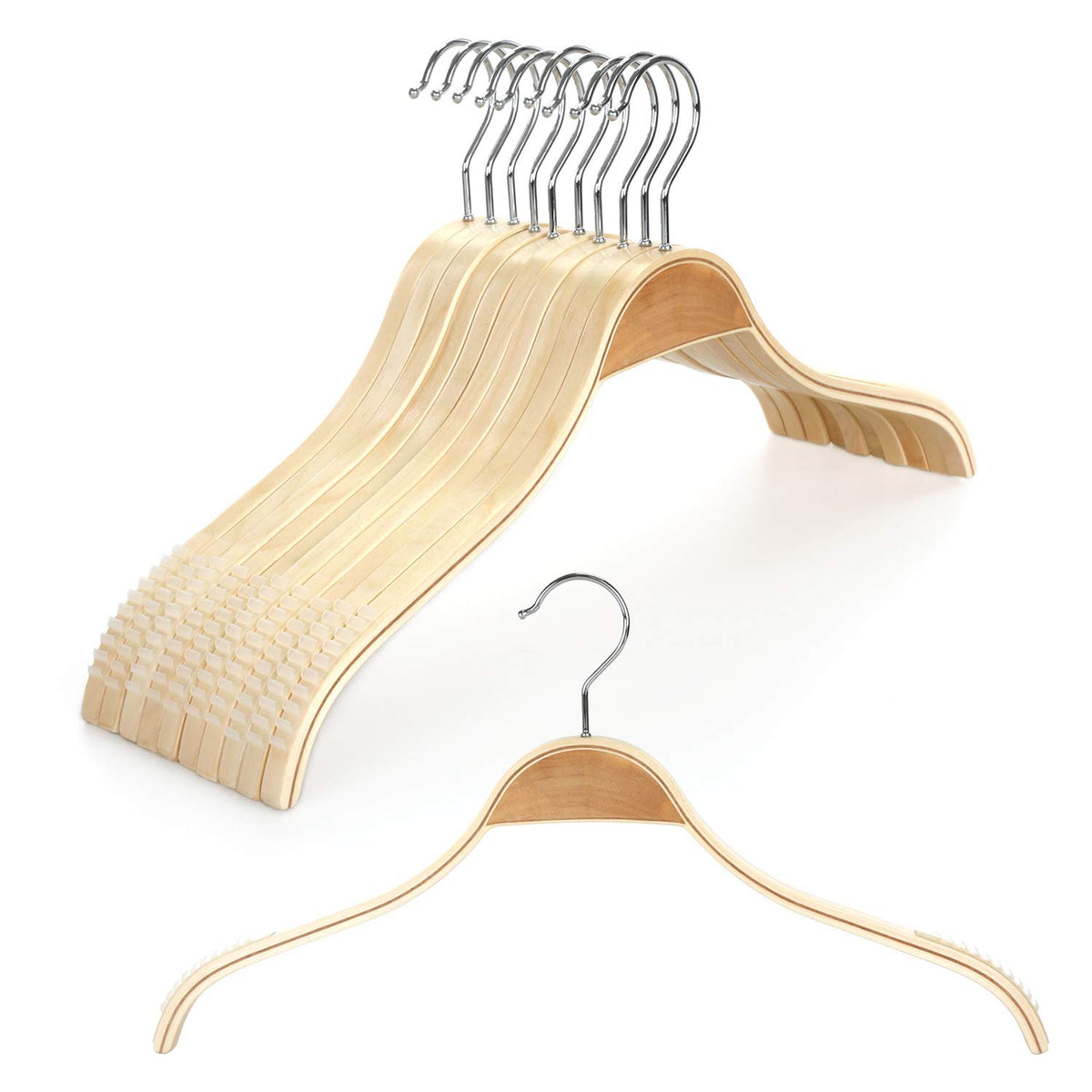 Topia Hanger Slim Natural Wood Hangers With Extra Soft Non-Slip Rubber Grips, 10-Pack High-Grade Fashion Hanger No Shoulder Bump