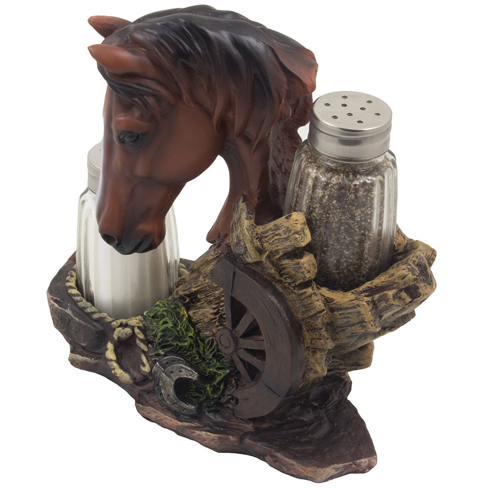 Chestnut Stallion Glass Salt & Pepper Shaker Set With Decorative Brown Horse Statue Holder For Western Ranch Decor Or Country Fa
