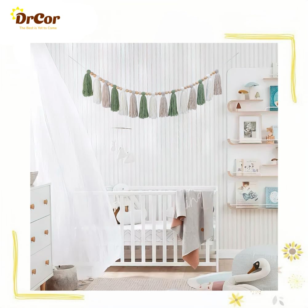 DrCor Sage Green & White Boho Tassel Garland - Handmade Yarn Banner for Nursery, Girls Bedroom, Baby Shower, Wedding Backdrop, C