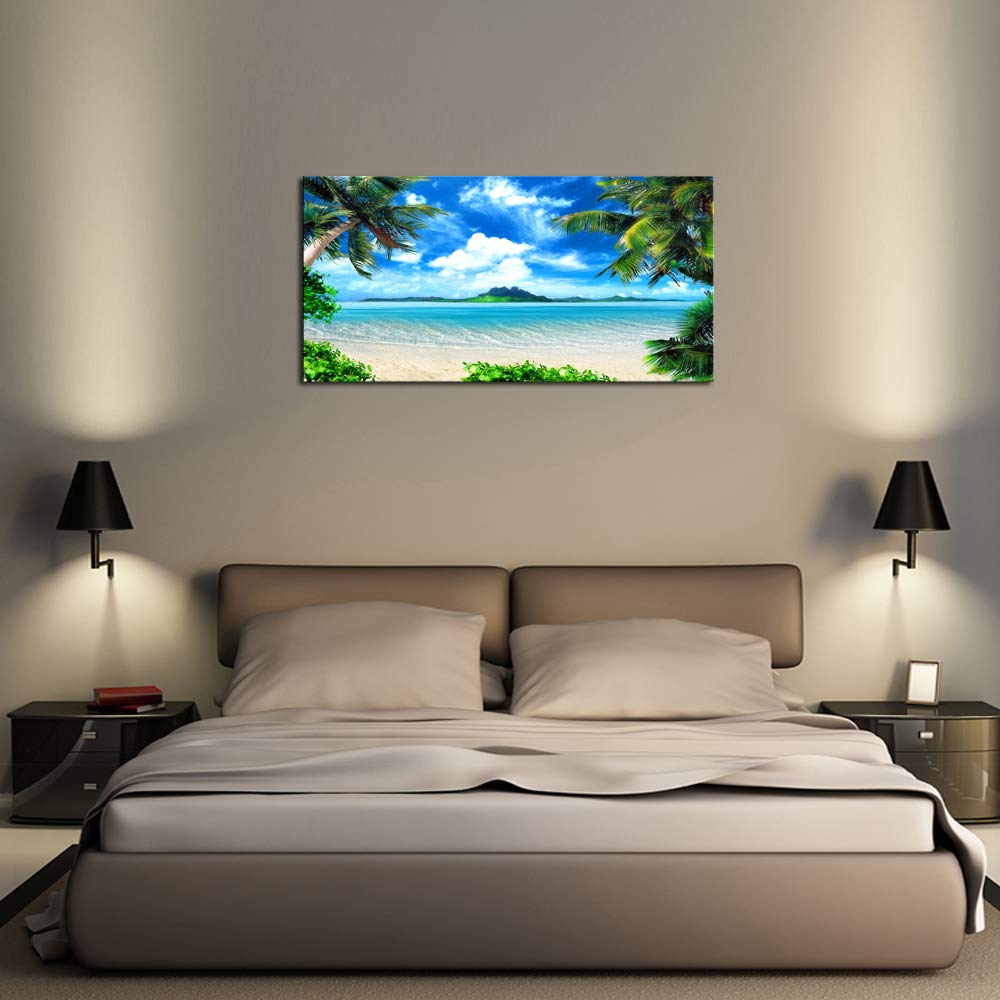 Dzl Art S72774 Canvas Wall Art Ocean Waves Coconut Trees On Sands Beach Seascape Scenery Painting Nature Picture For Bedroom Hom