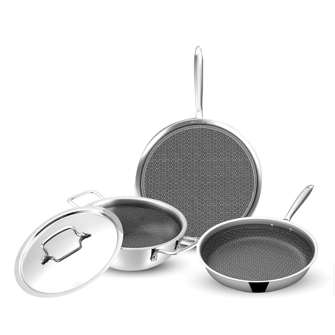Esspy TriPly Honey Comb 3Pc Cookware Set 26Cm Fry Pan, 26Cm Kadai With Lid And 29Cm Dosa Tawa NonStick | Metal Spatula Safe |