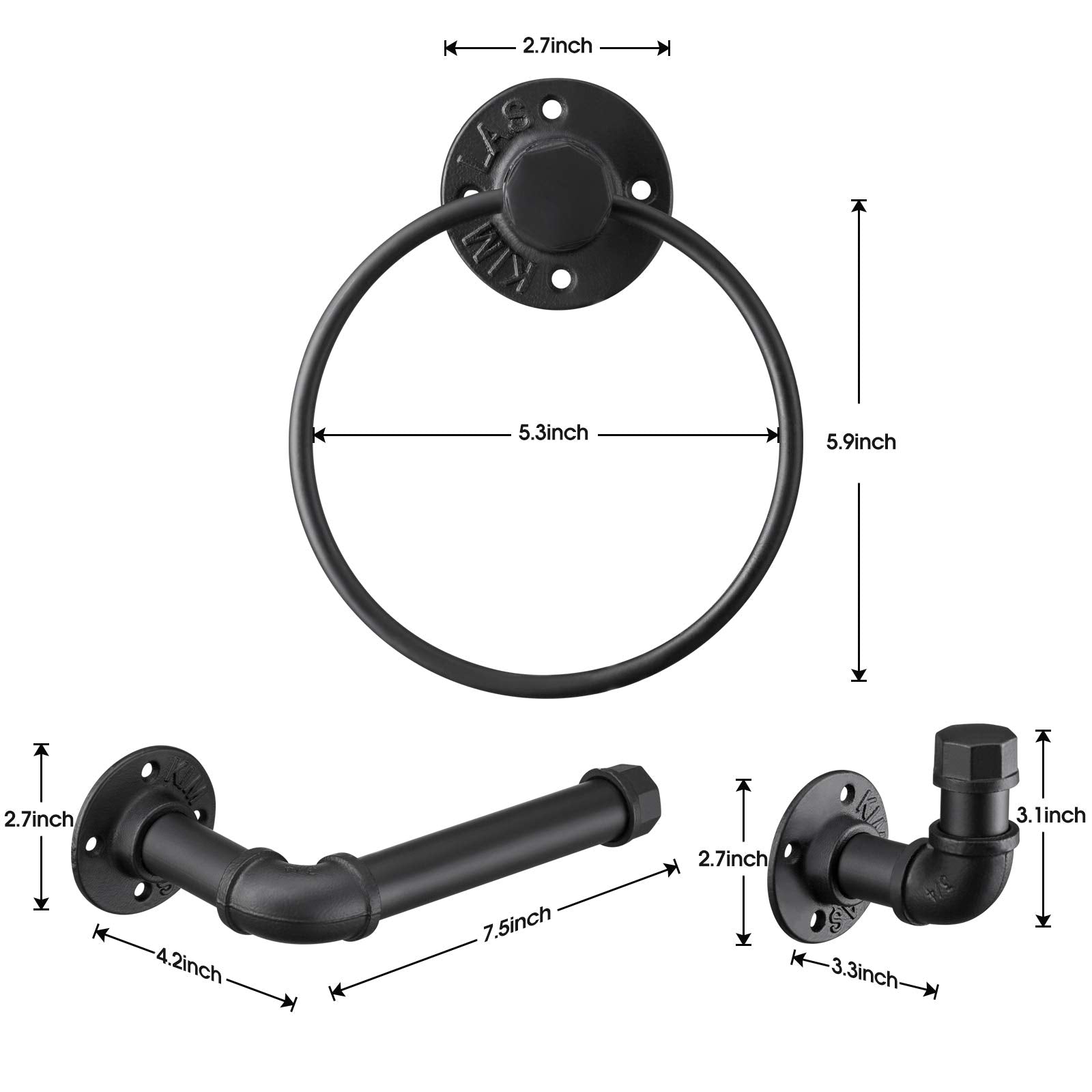 Industrial Black Bathroom Hardware Set  Wall Mounted Hardware Accessories  Includes Toilet Paper Holder Towel Ring Towel Hook Set  Matte Black Iron Finish for Bathroom 3PCS